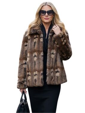 Beta’s Choice Luxe Faux Fur Coat Brown Gray Multicolor Vintage Glam - Large